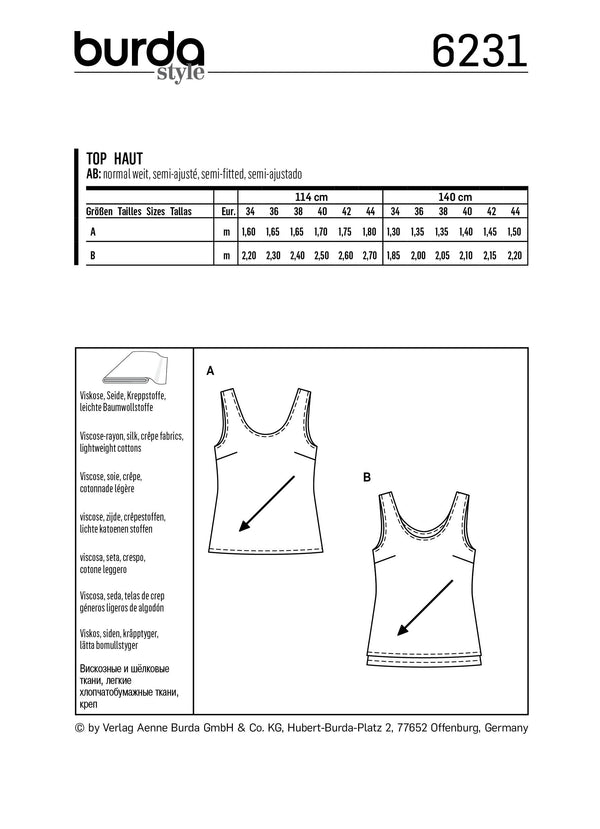 Burda Style Misses Top/Vest Sewing Pattern for Stylish Creations B6231