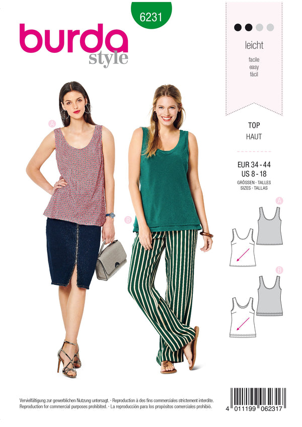 Burda Style Misses Top/Vest Sewing Pattern for Stylish Creations B6231