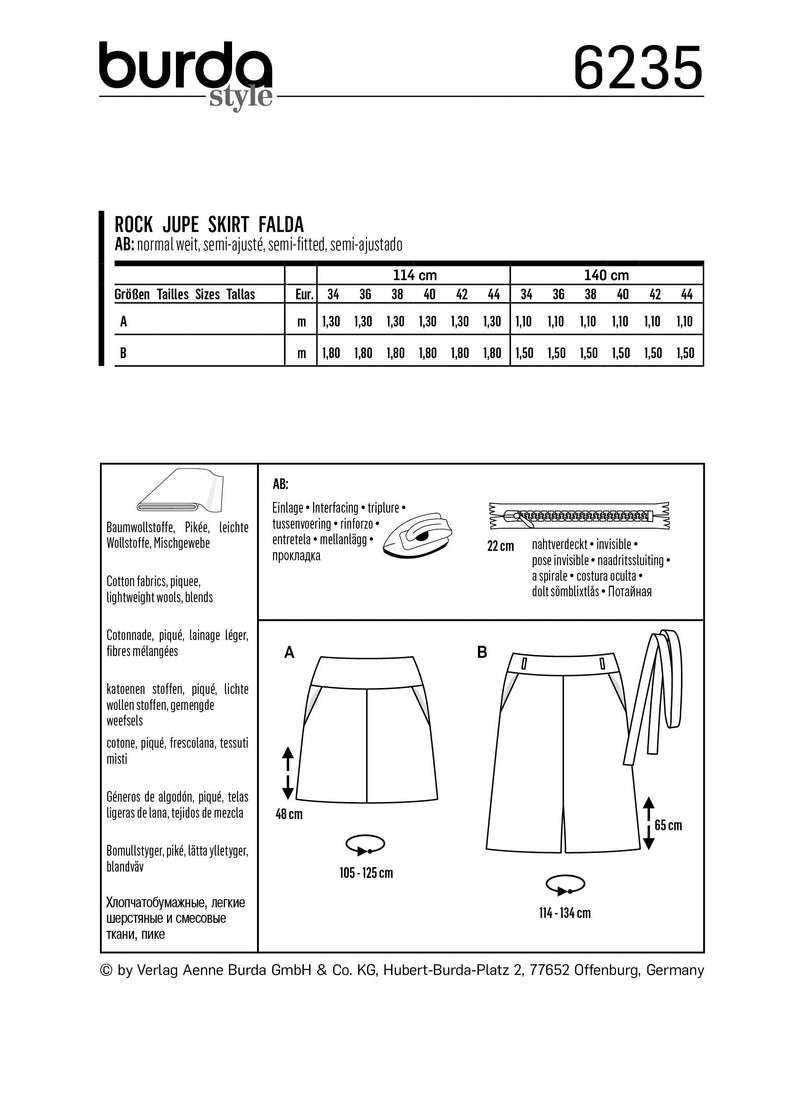 Burda Style Misses Skirt/Pants Sewing Pattern for Stylish Outfits B6235