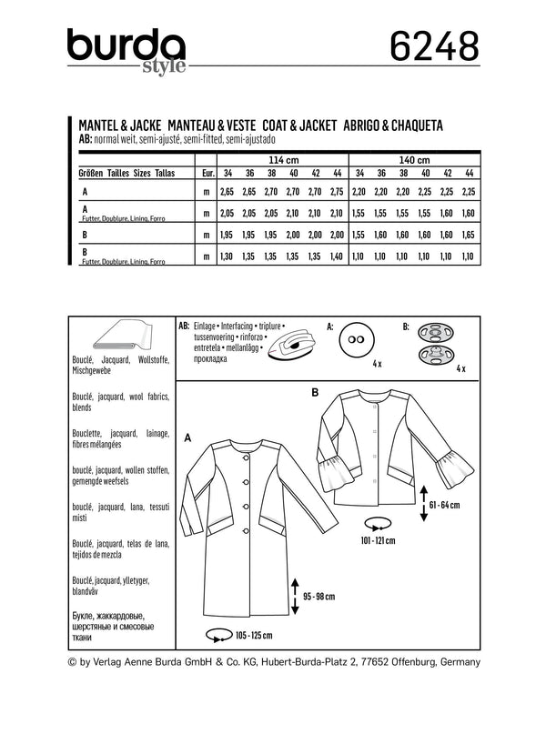 Burda Style Misses Jacket Sewing Pattern for Stylish Creations B6248