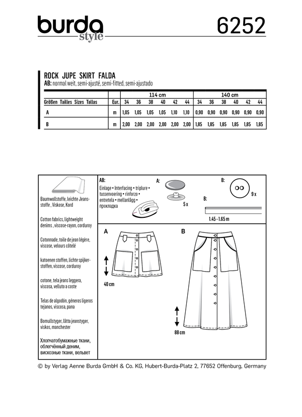 Burda Style Misses Skirt/Pants Sewing Pattern for Stylish Outfits B6252