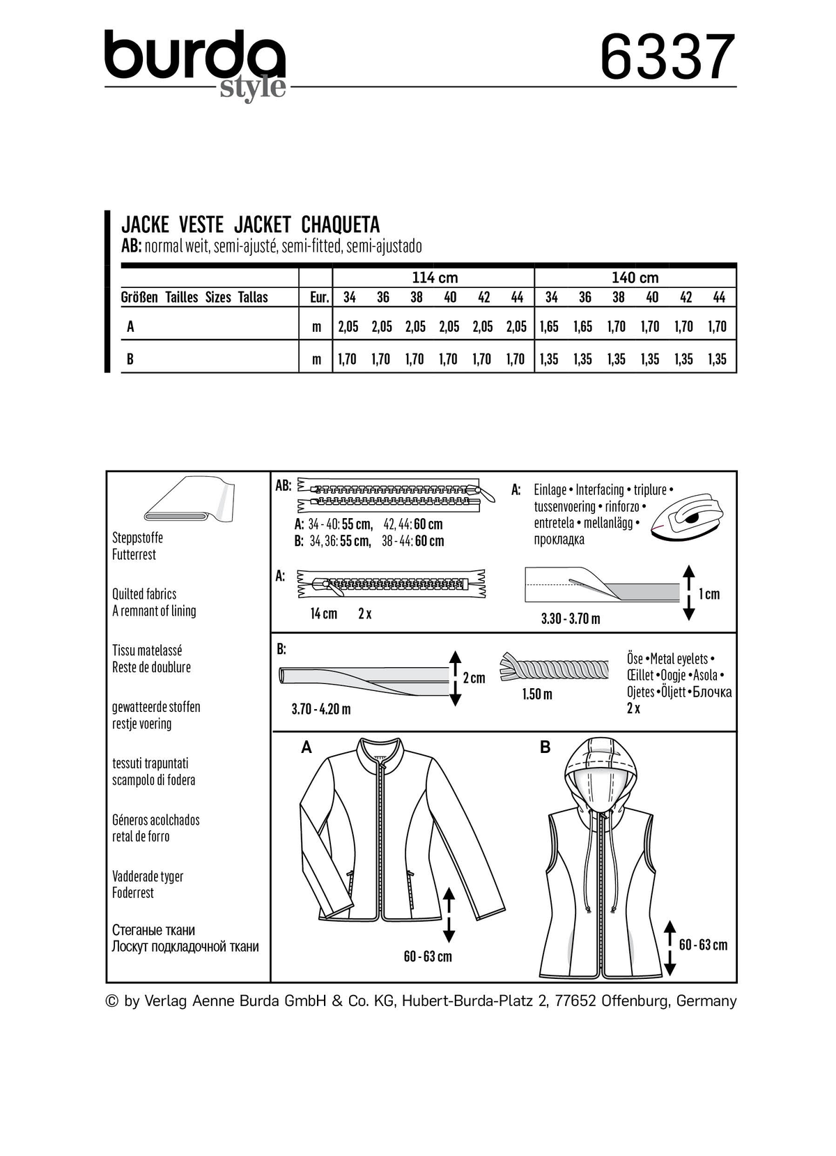 Burda Style Misses Jacket Sewing Pattern for Stylish Creations B6337