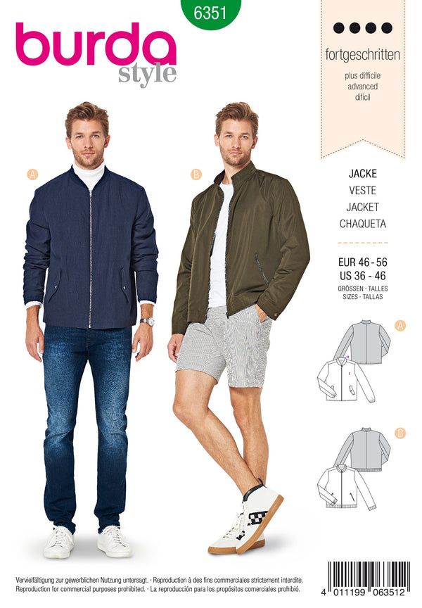 Burda Style Men's/Boy's Jacket Sewing Pattern for Stylish Creations B6351
