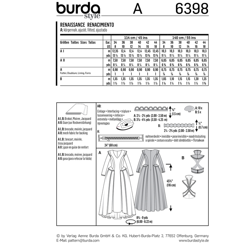 Burda Style Misses Costume Sewing Pattern for Creative Designs B6398