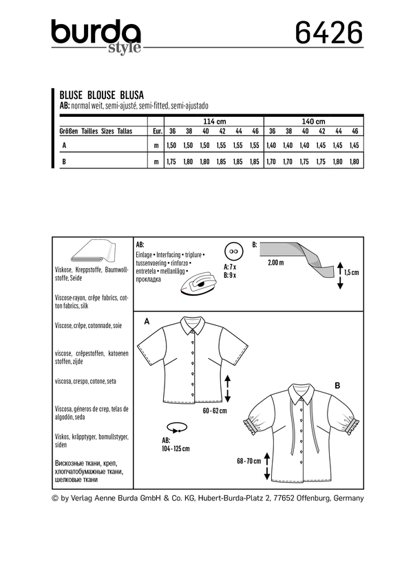 Burda Style Miss Blouse Sewing Pattern for Stylish Creations B6426
