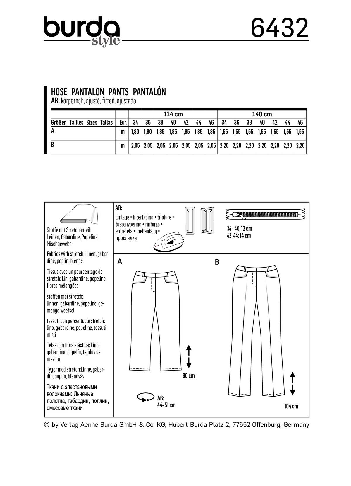 Burda Style Miss Pants Sewing Pattern for Stylish Creations B6432