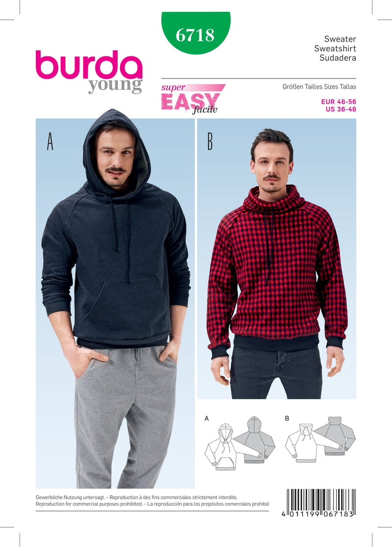 Burda Style Men's Sweatshirt Sewing Pattern for Stylish Creations B6718
