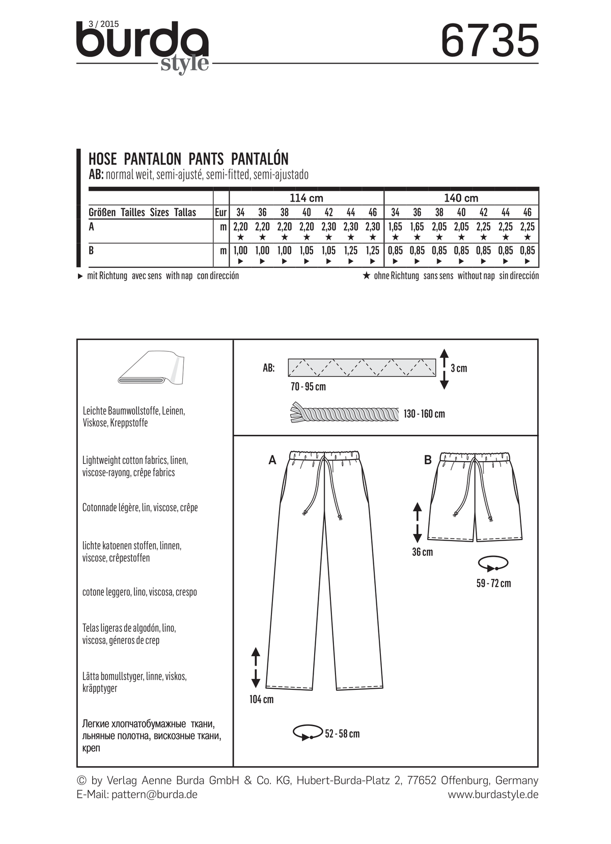 Burda Style Misses Pants Sewing Pattern for Stylish Creations B6735