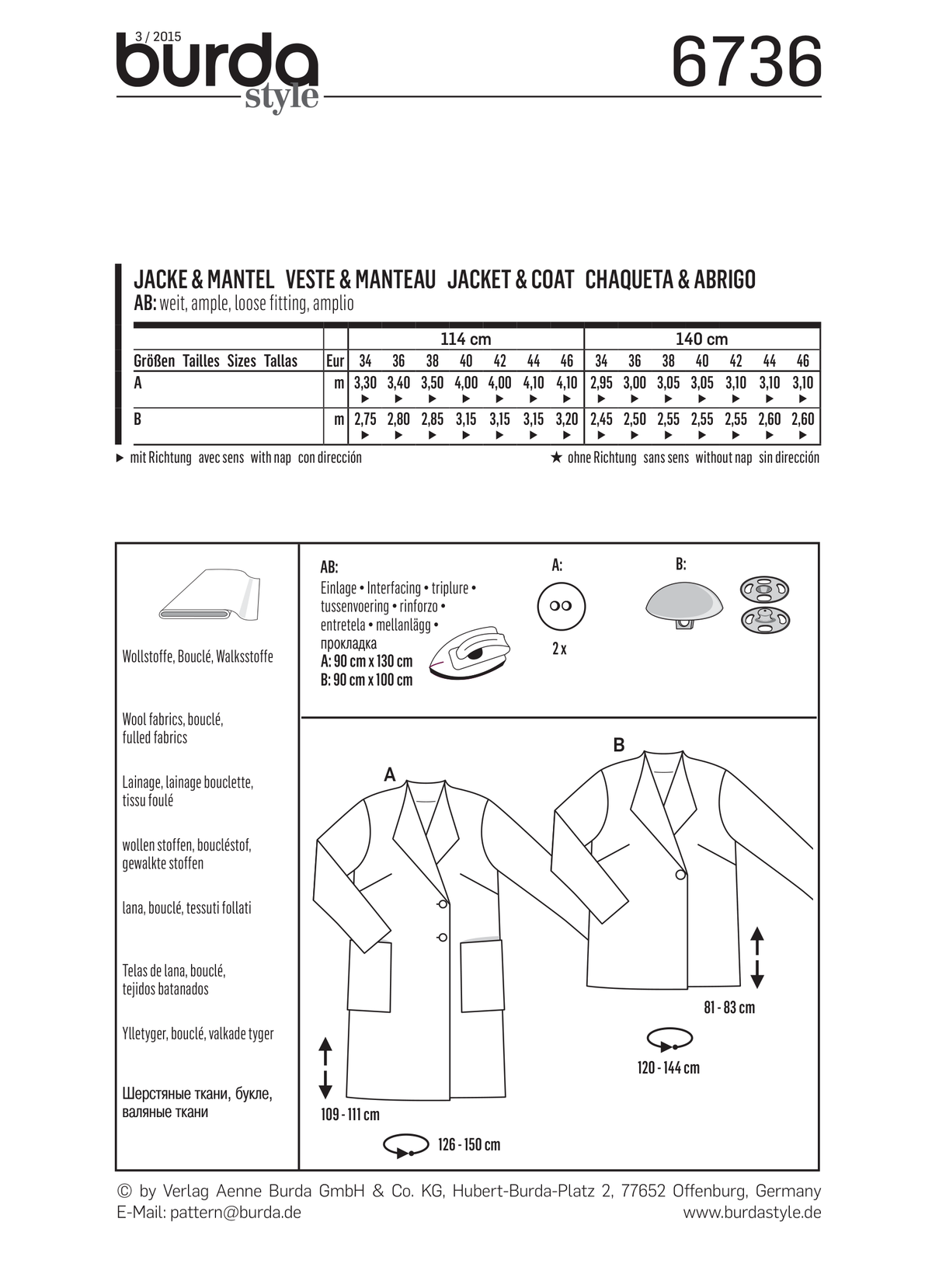 Burda Style Misses Jacket Coat Sewing Pattern for Stylish Creations B6736