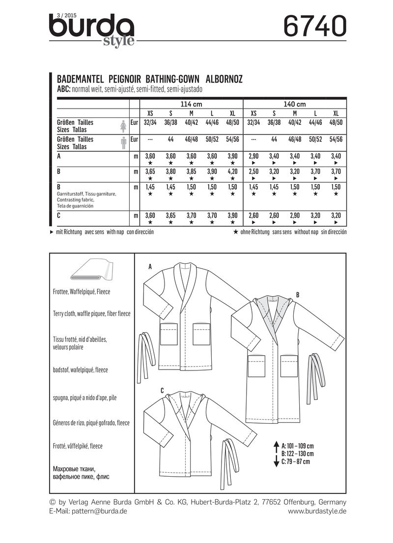 Burda Style Misses Bath Robe Sewing Pattern for Stylish Comfort B6740 ...