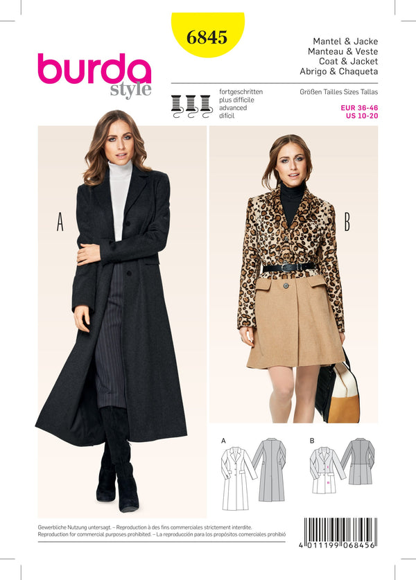 Burda Style Jacket/Coat Misses Sewing Pattern for Stylish Creations B6845