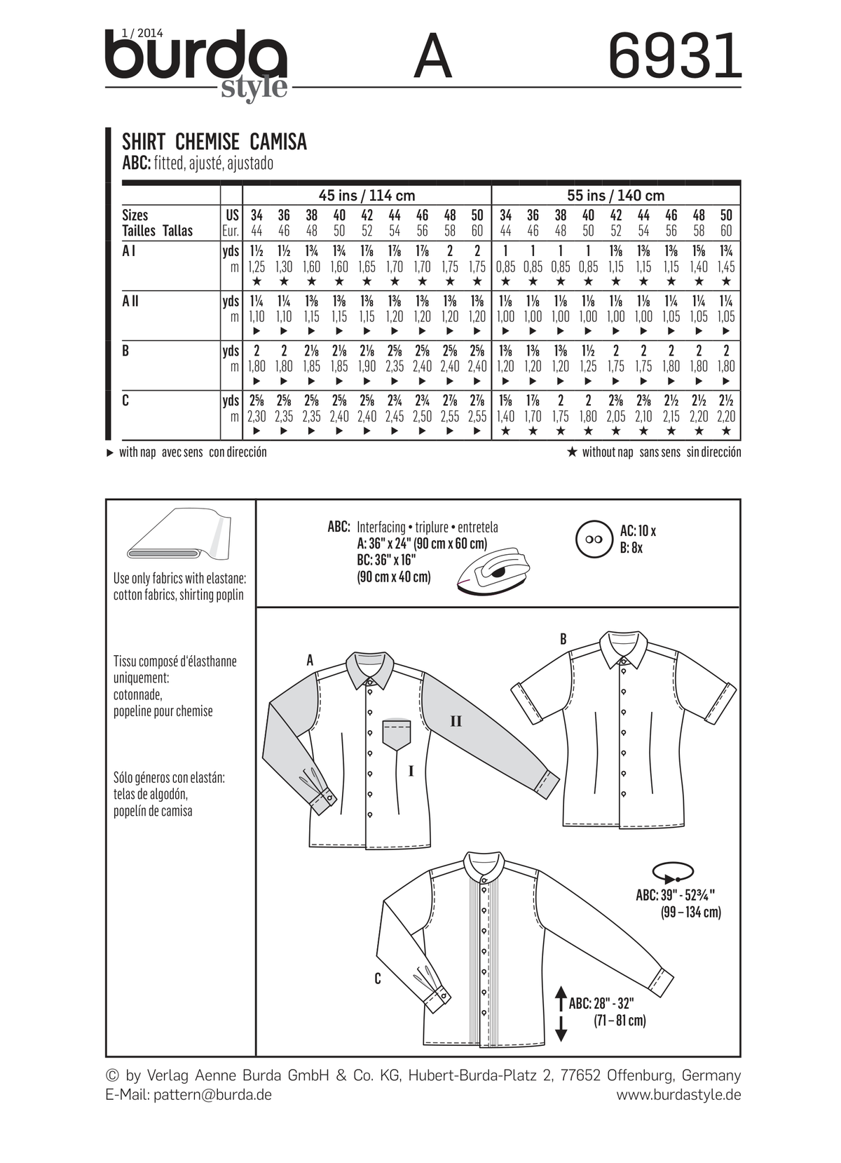 Burda Style Menswear Sewing Pattern for Stylish Creations B6931