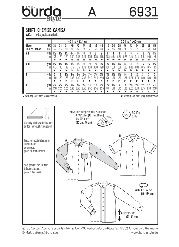 Burda Style Menswear Sewing Pattern for Stylish Creations B6931