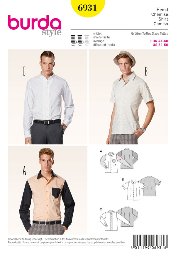 Burda Style Menswear Sewing Pattern for Stylish Creations B6931