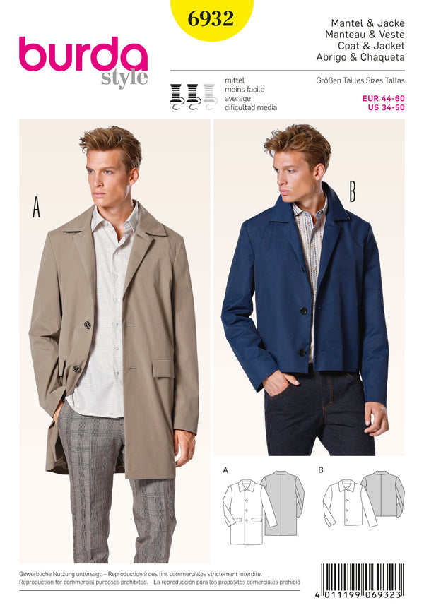 Burda Style Menswear Sewing Pattern for Stylish Creations B6932