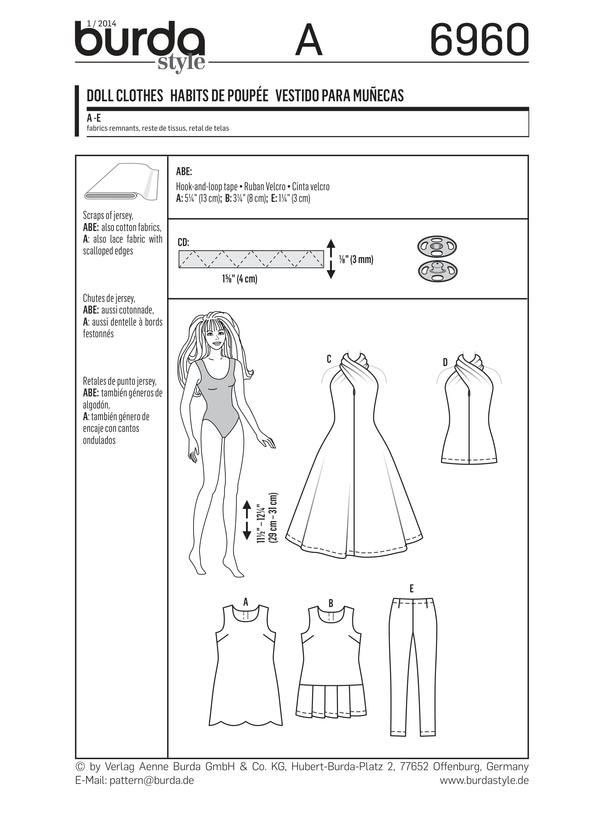 Burda Style Doll Clothes & Accessories Sewing Pattern Guide B6960