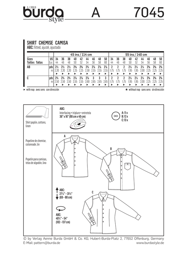 Burda Style Stylish Shirt Sewing Pattern for Fashion Enthusiasts B7045