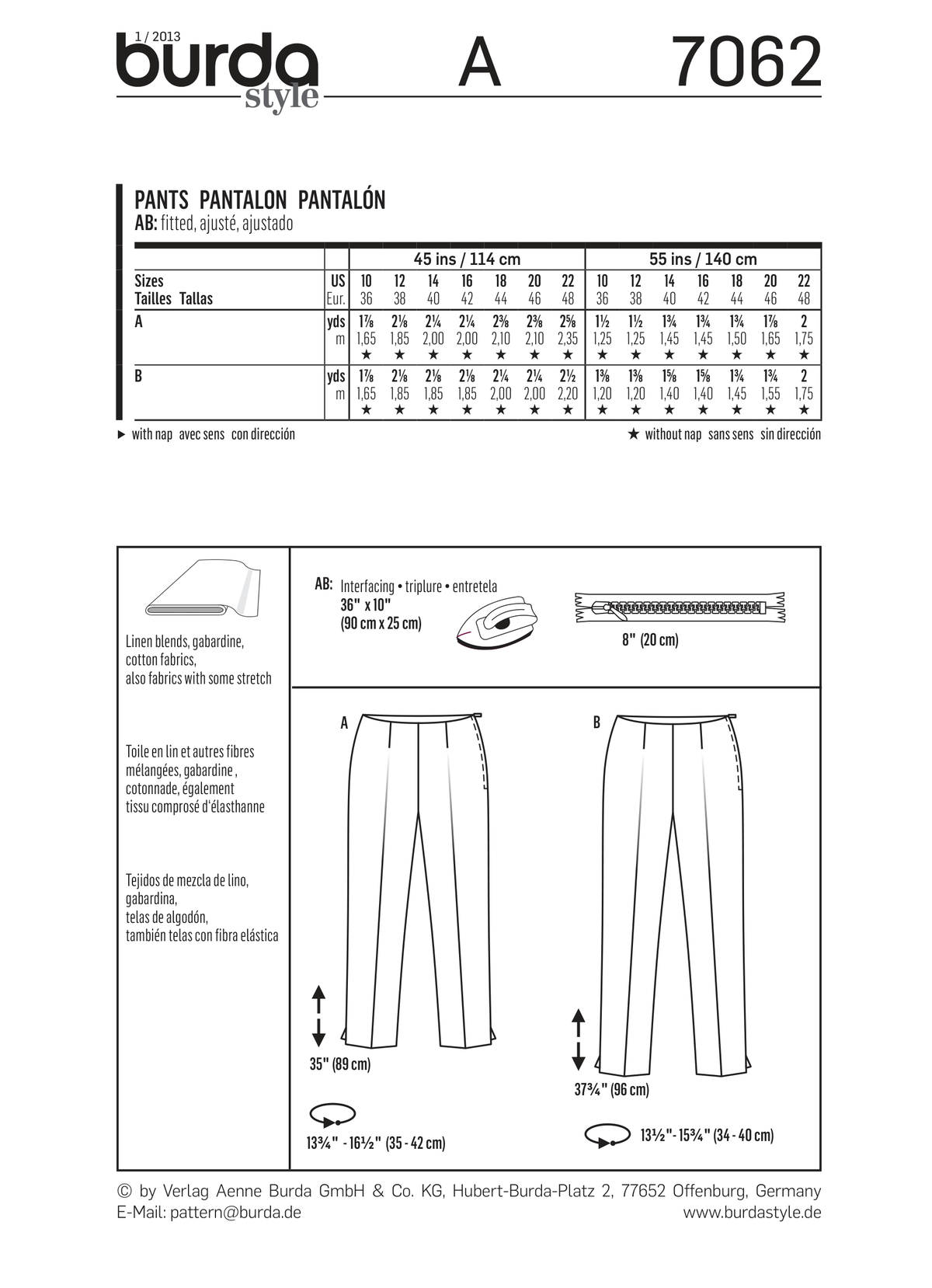Burda Style Stylish Pant Sewing Pattern for Fashion Enthusiasts B7062