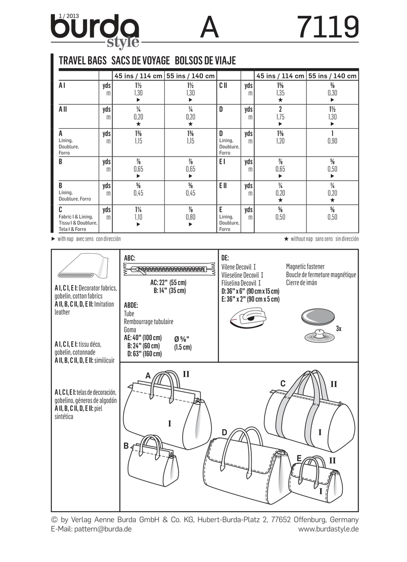 Burda Style Travel Bags Sewing Pattern for Stylish Creations B7119