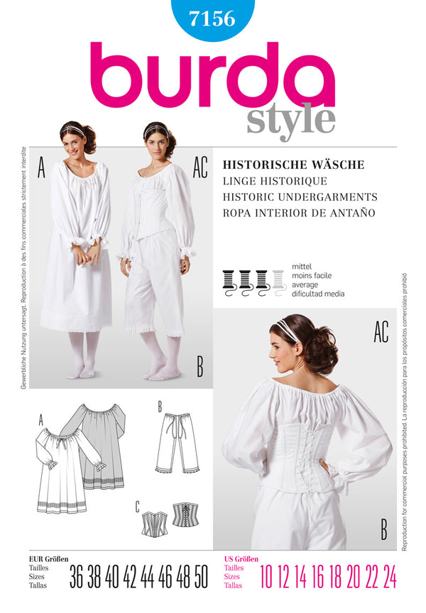 Burda Style Historic Undergarments Sewing Pattern for Vintage Style B7156