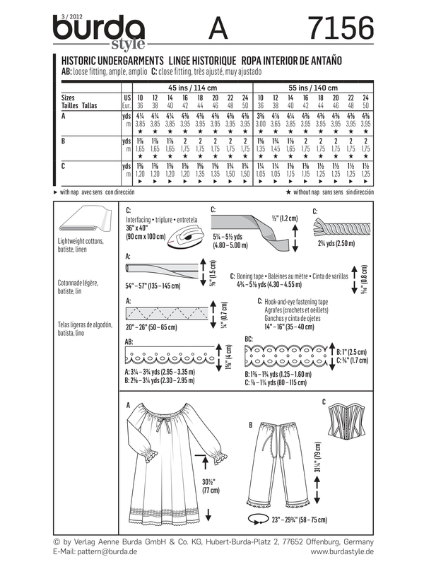 Burda Style Historic Undergarments Sewing Pattern for Vintage Style B7156