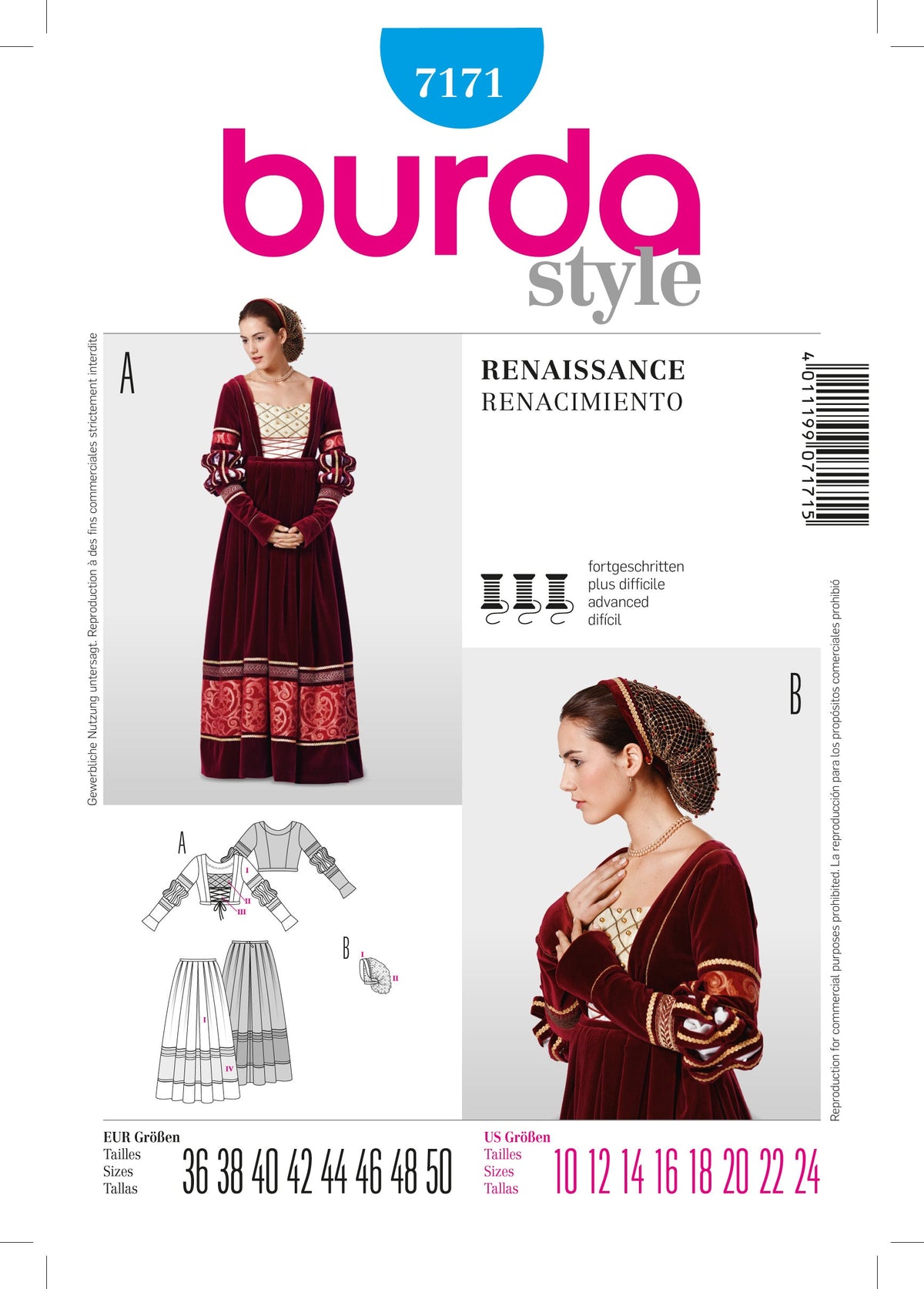 Burda Style Renaissance Costume Sewing Pattern for Historical Fashion B7171