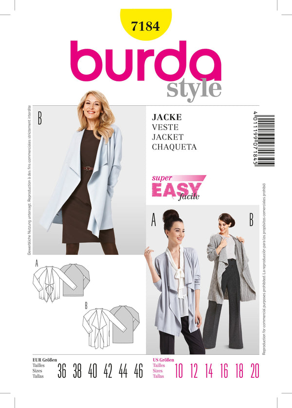 Burda Style Stylish Jacket Sewing Pattern for Fashion Enthusiasts B7184