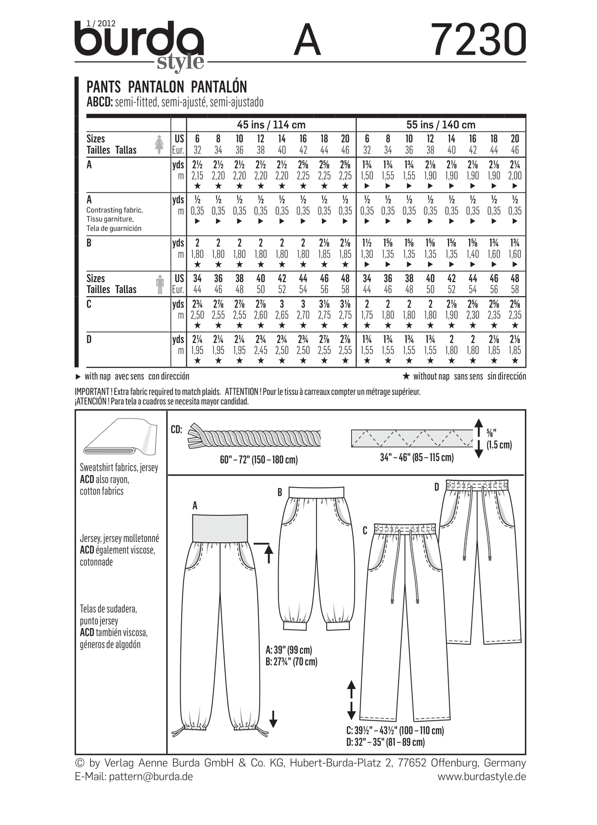 Burda Style Stylish Pant Sewing Pattern for Fashion Enthusiasts B7230