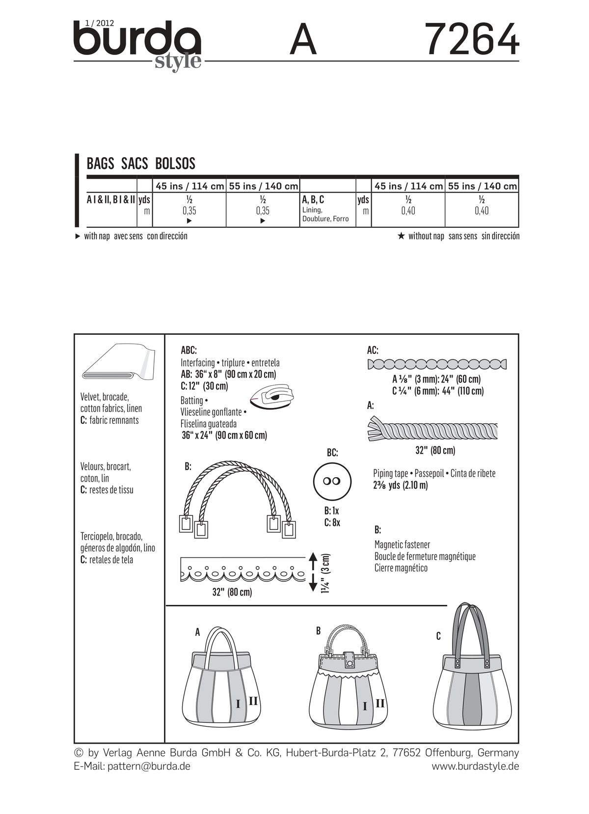 Burda Style Bags: Stylish Sewing Pattern for Creative Projects B7264