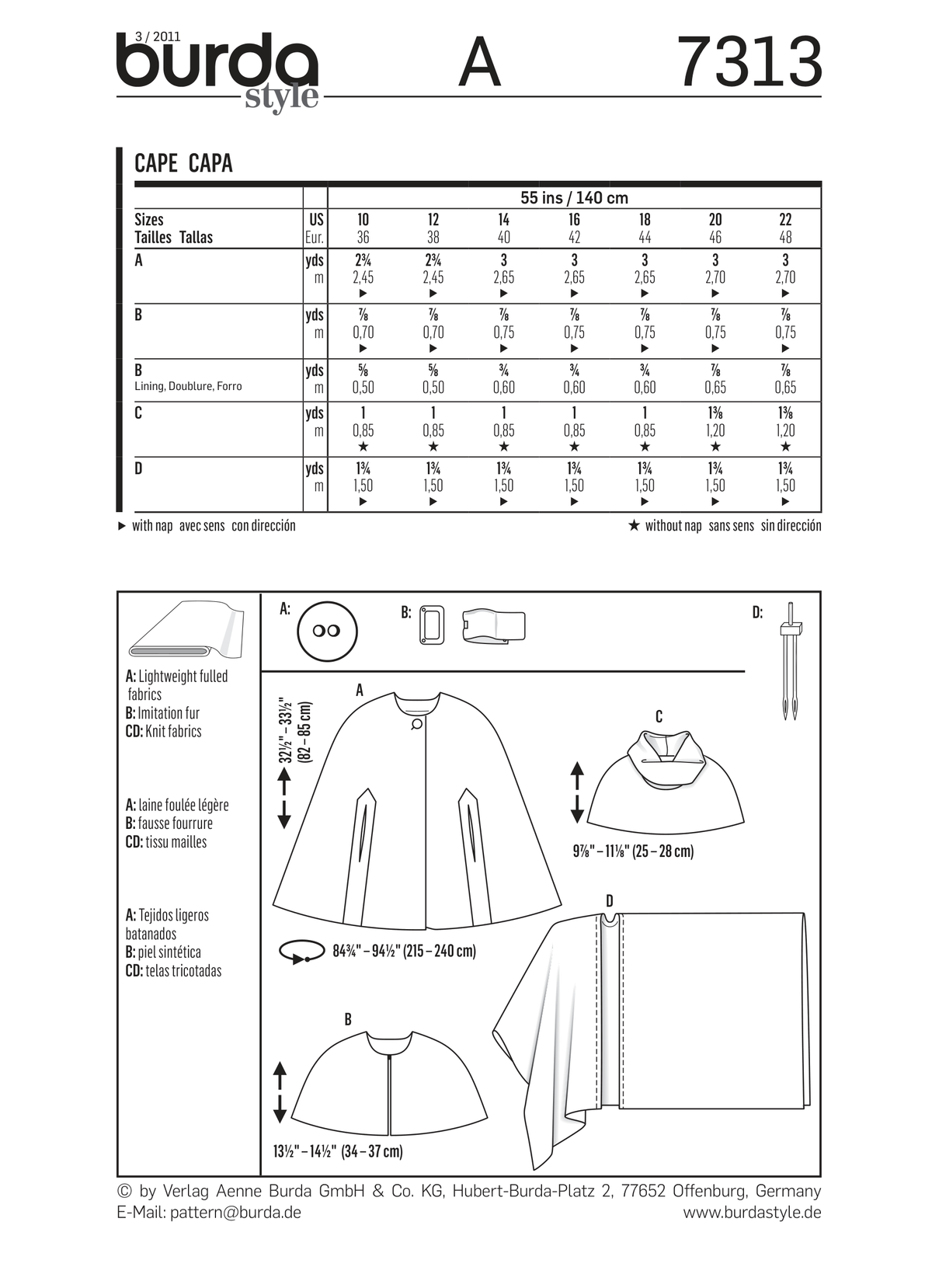 Burda Style Cape Sewing Pattern for Stylish Creations B7313