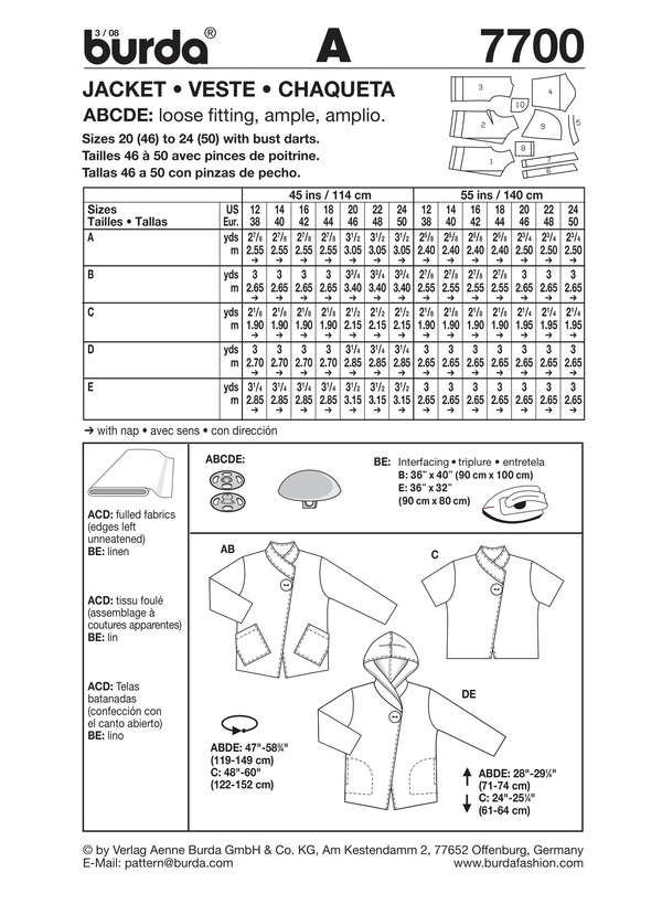 Burda Style Stylish Jacket Sewing Pattern for Fashion Enthusiasts B7700