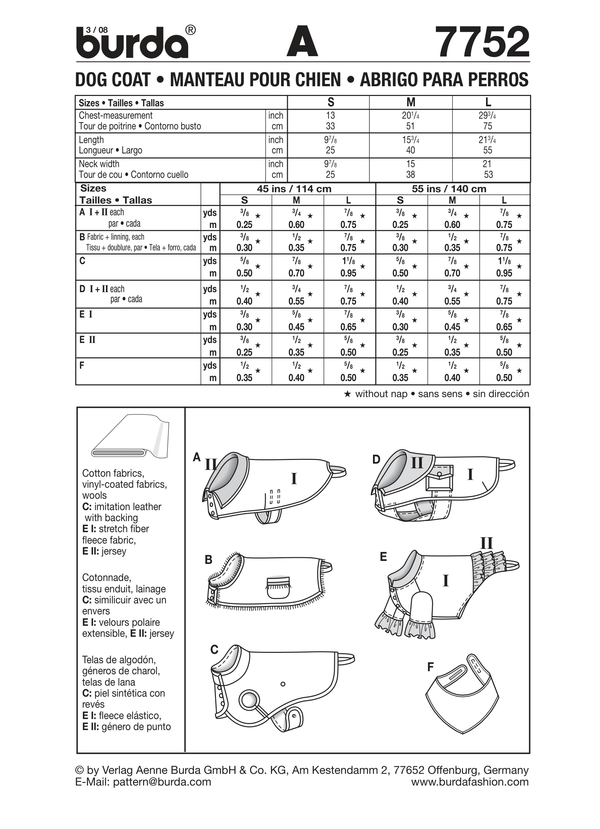 Burda Style Dog Coat Sewing Pattern for Stylish Pets B7752