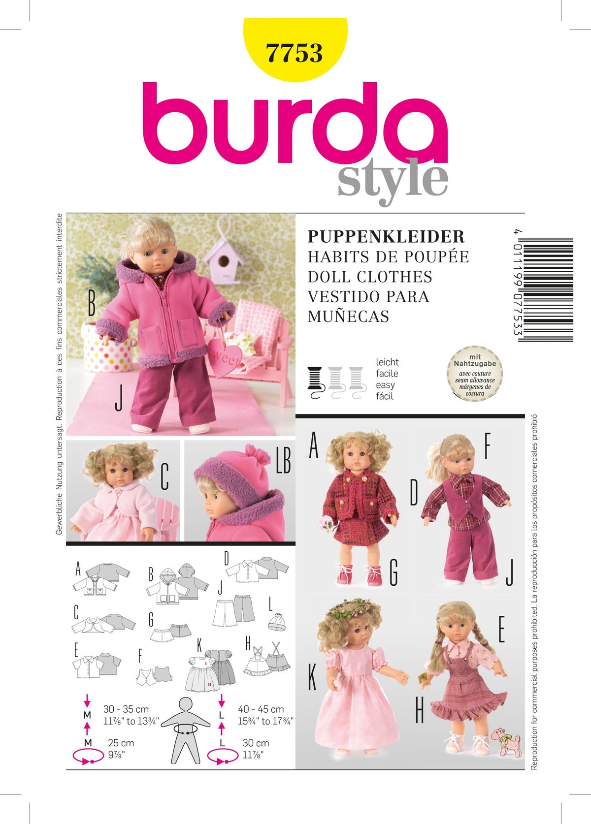Burda Style Doll Clothes Sewing Pattern for Creative Projects B7753