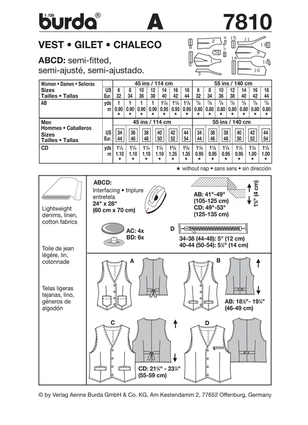 Burda Style Stylish Vest Sewing Pattern for Fashion Enthusiasts B7810