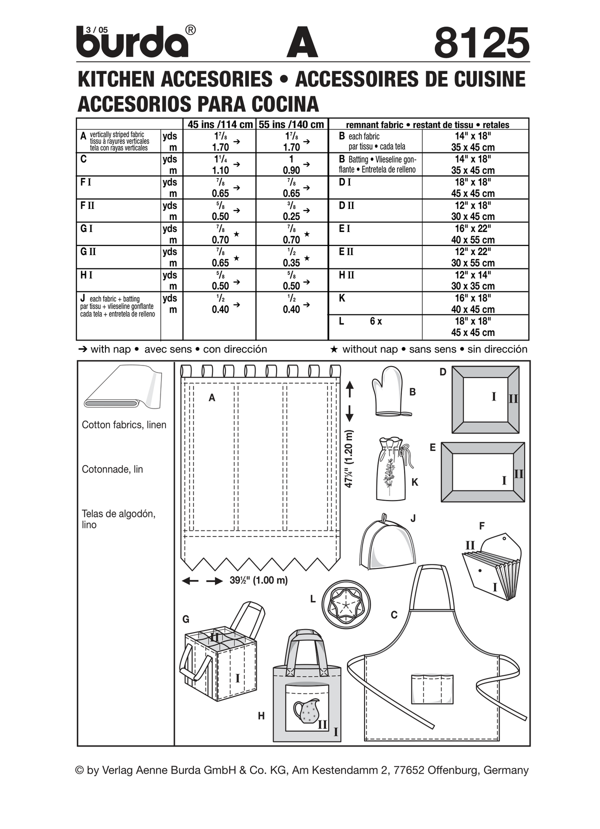 Burda Style Kitchen Accessories Sewing Pattern for Creative Projects B8125