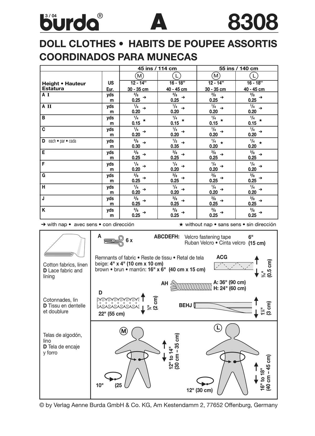 Burda Style Doll Clothes Sewing Pattern for Creative Projects B8308