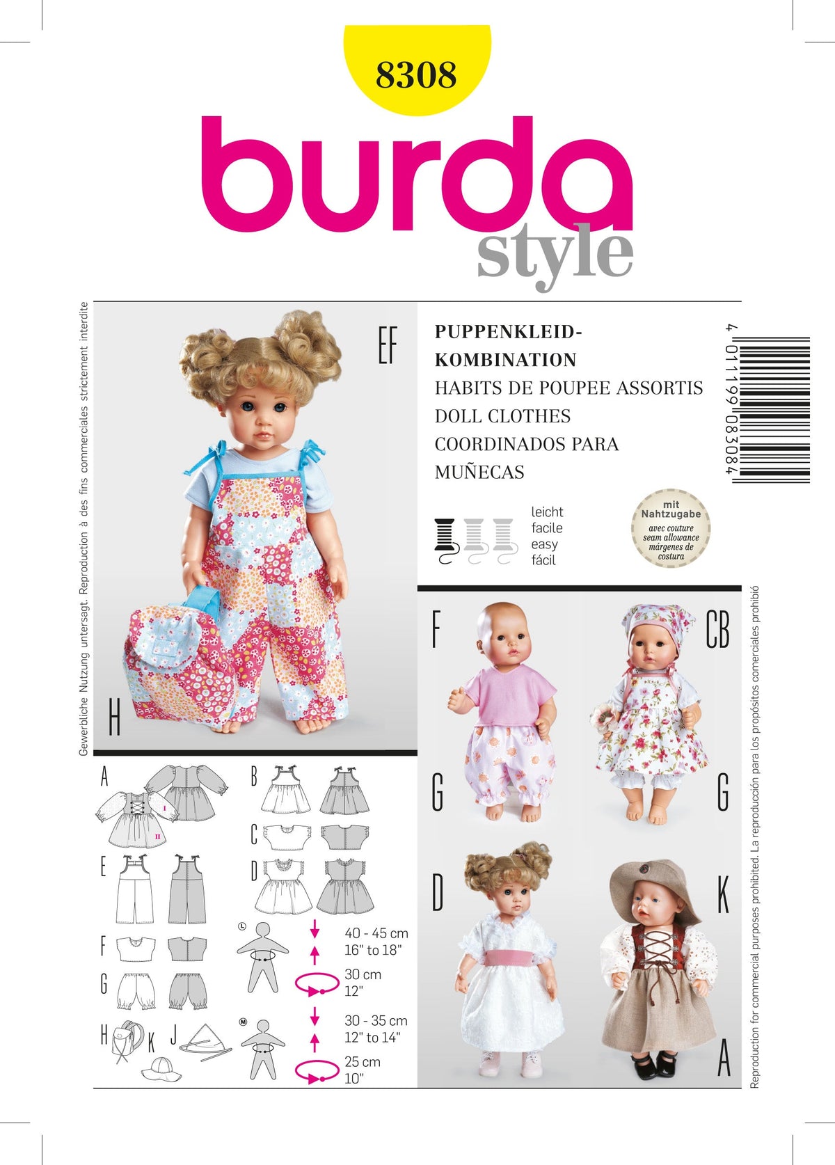Burda Style Doll Clothes Sewing Pattern for Creative Projects B8308