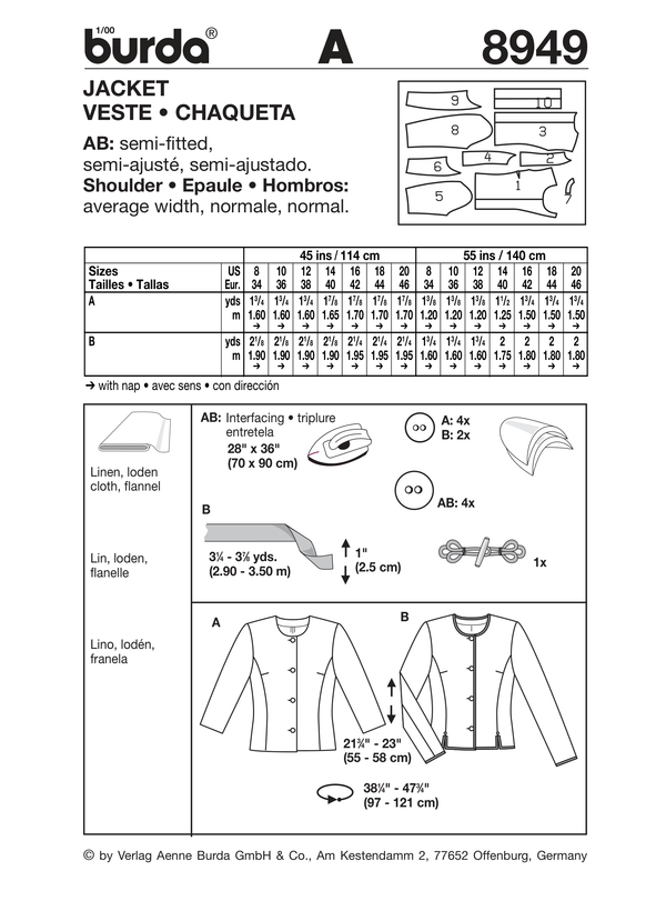 Burda Style Stylish Jacket Sewing Pattern for Fashion Enthusiasts B8949