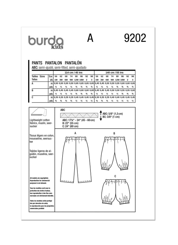 Burda Style Babies Trousers Sewing Pattern for Easy Crafting B9202