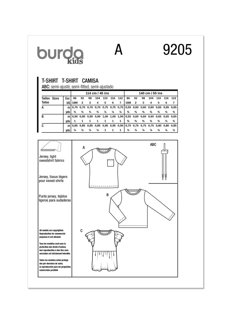 Burda Style Toddlers' T-Shirt Sewing Pattern B9205