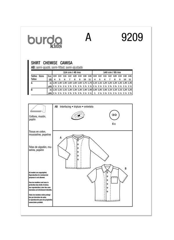 Burda Style Children's Shirt Sewing Pattern for Stylish Kids B9209