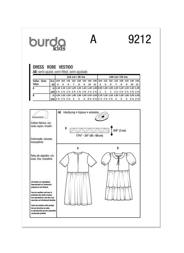 Burda Style Children's Dress Sewing Pattern for Creative Projects B9212