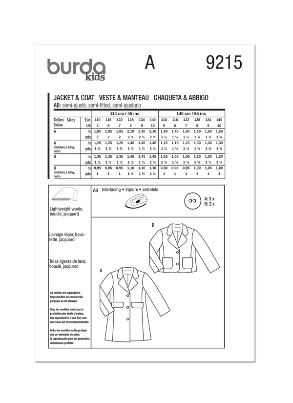 Burda Style Children's Coats Sewing Pattern for Stylish Kids B9215