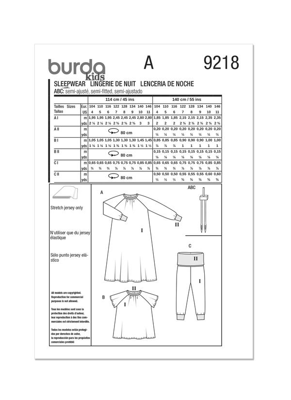 Burda Style Children's Sleepwear Sewing Pattern Guide B9218