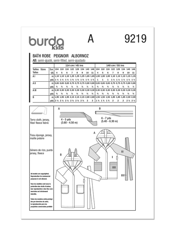 Burda Style Children's Bathrobe Sewing Pattern Guide B9219