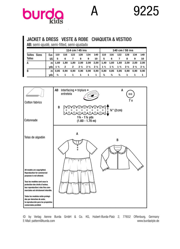 Burda Style Children's Jacket & Dress Sewing Pattern B9225