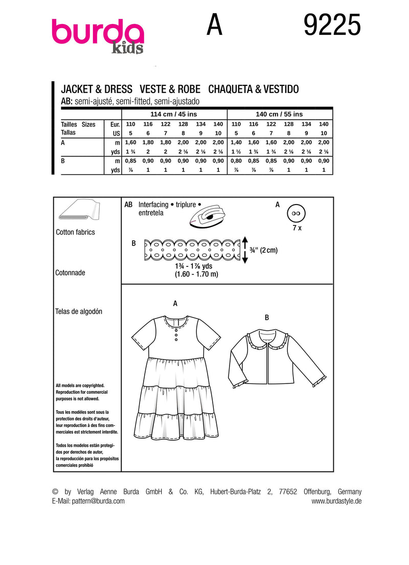 Burda Style Children's Jacket & Dress Sewing Pattern B9225