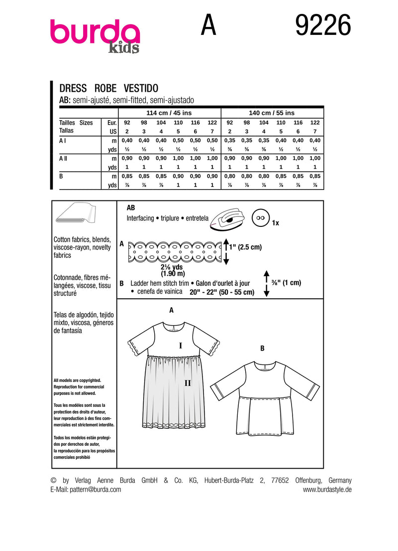 Burda Style Children's Dress Sewing Pattern for Stylish Kids B9226