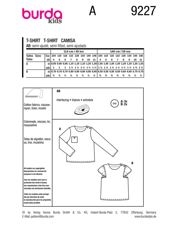 Burda Style Children's Shirt Sewing Pattern for Stylish Kids B9227