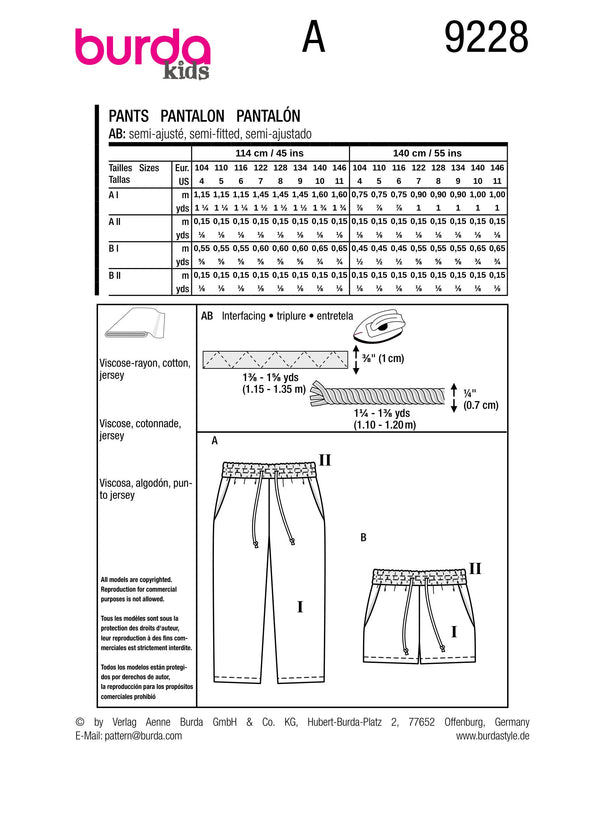 Burda Style Children's Pants Sewing Pattern for Fashionable Kids B9228